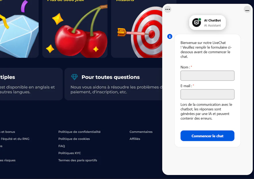 Nine Casino assistance client avec chatbot en direct pour les questions sur les paiements, l’inscription et le compte